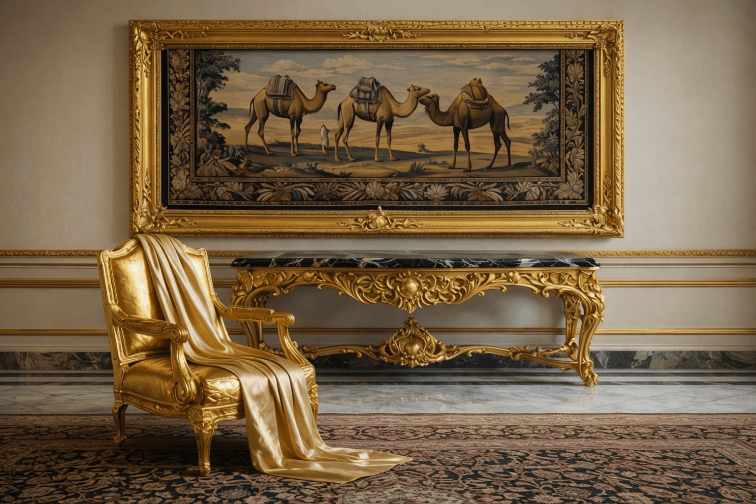Luxury interior with gilded tapestry, gold armchair and console table